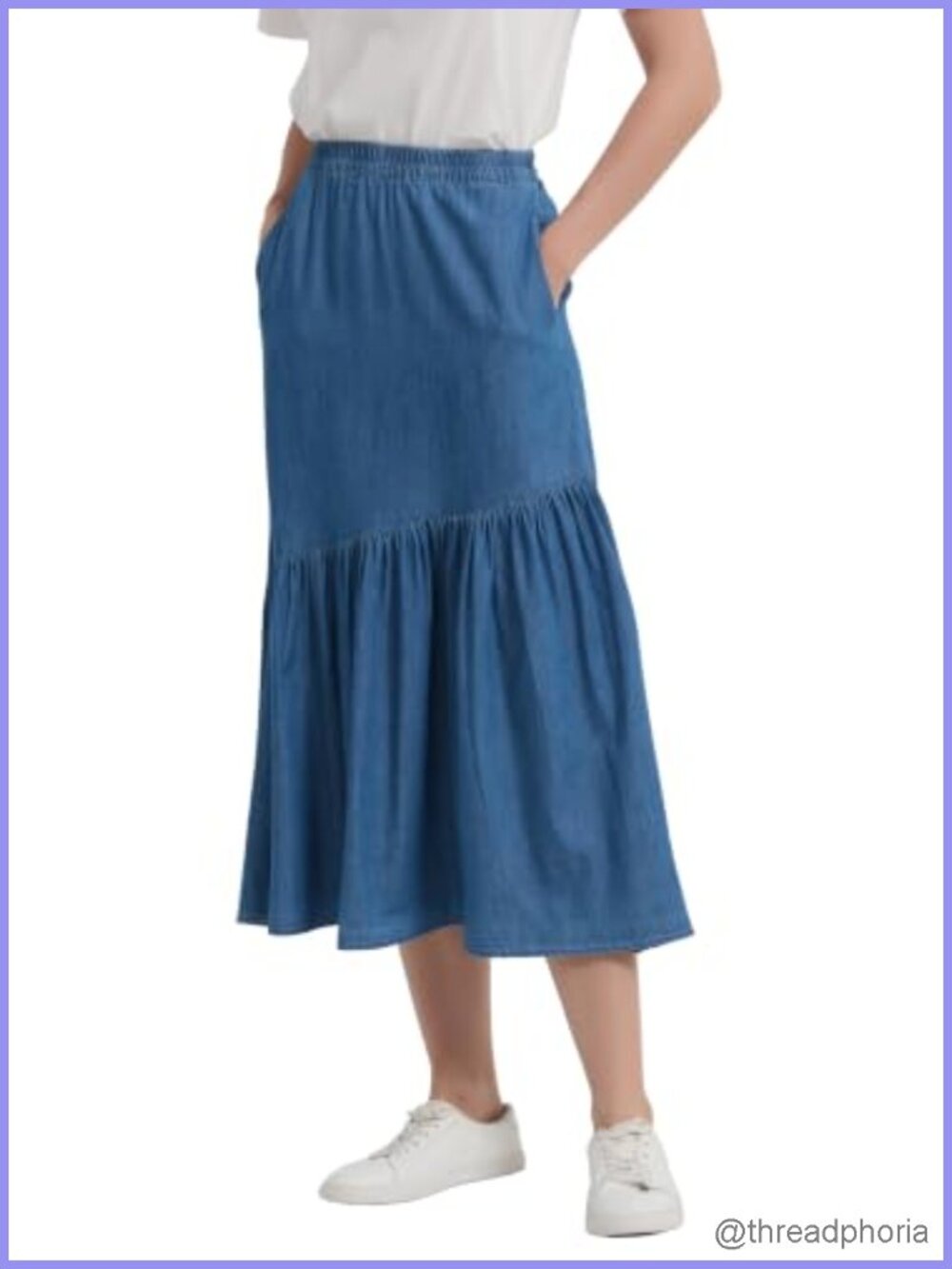 Womens 100% Cotton Denim Long Midi Skirt Pleated A-Line Elastic Waist